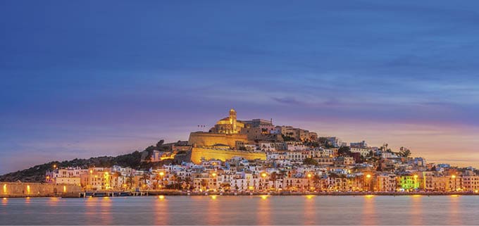 Beautiful view on Ibiza Town (Eivissa) at sunset  The historic fortified center, Dalt Vila (the upper town) and the cathedral of Ibiza in warm light 