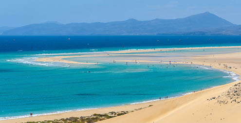 Aerial view of the lagoon on Sotavento Beach in Fuerteventura, Canary Islands, Spain
