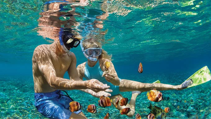 Happy family vacation  Young couple in snorkeling mask hold hand, dive underwater with fishes in coral reef sea pool  Travel lifestyle, watersport adventure, swim activity on summer beach holiday