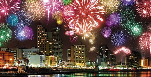 Celebratory fireworks at coast of Tel Aviv  Mediterranean Sea  Israel