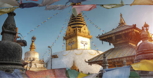 Tibetan flags. Swayambhunath Stupa stands on the hill in Kathmandu, Nepal
