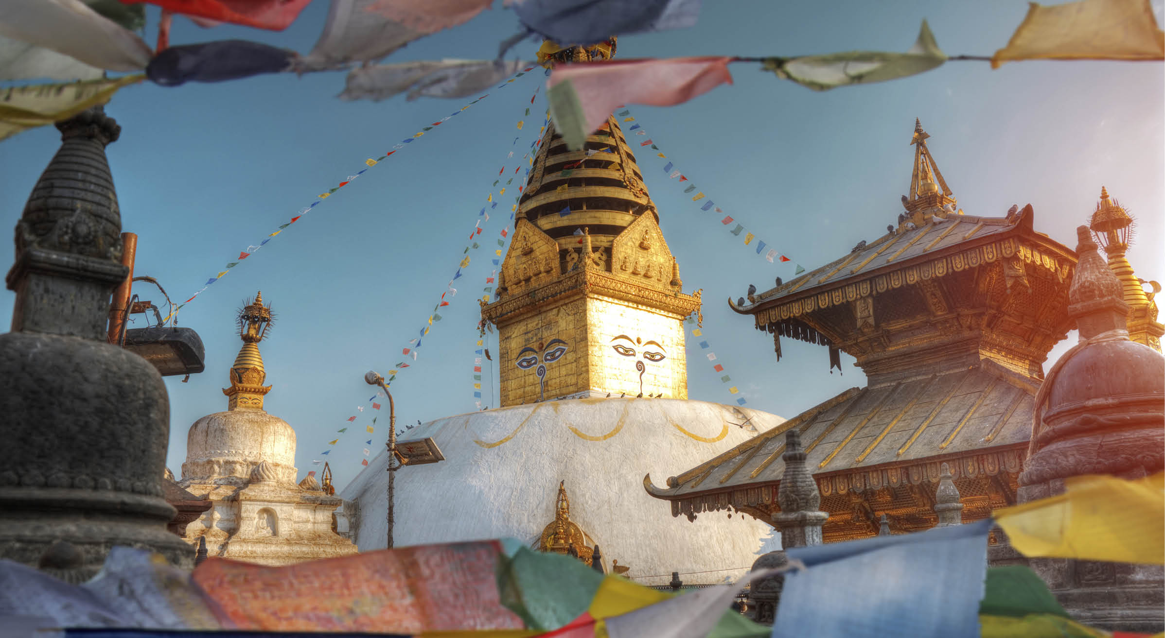 Tibetan flags. Swayambhunath Stupa stands on the hill in Kathmandu, Nepal