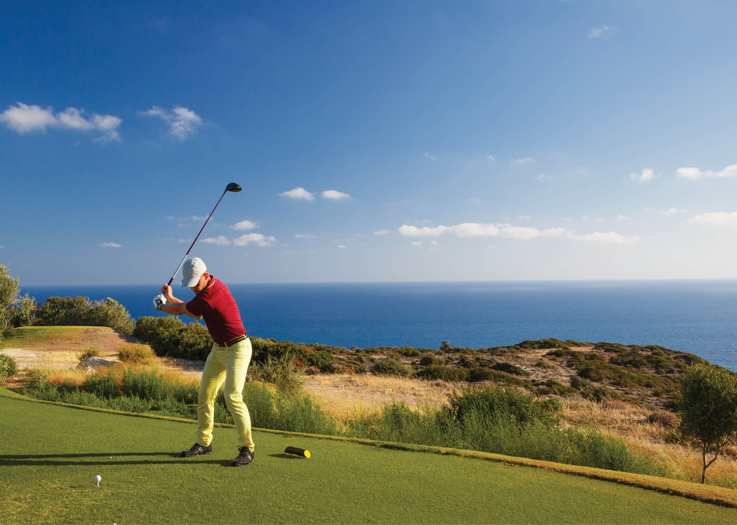 Professional male golf player hitting by driver from tee