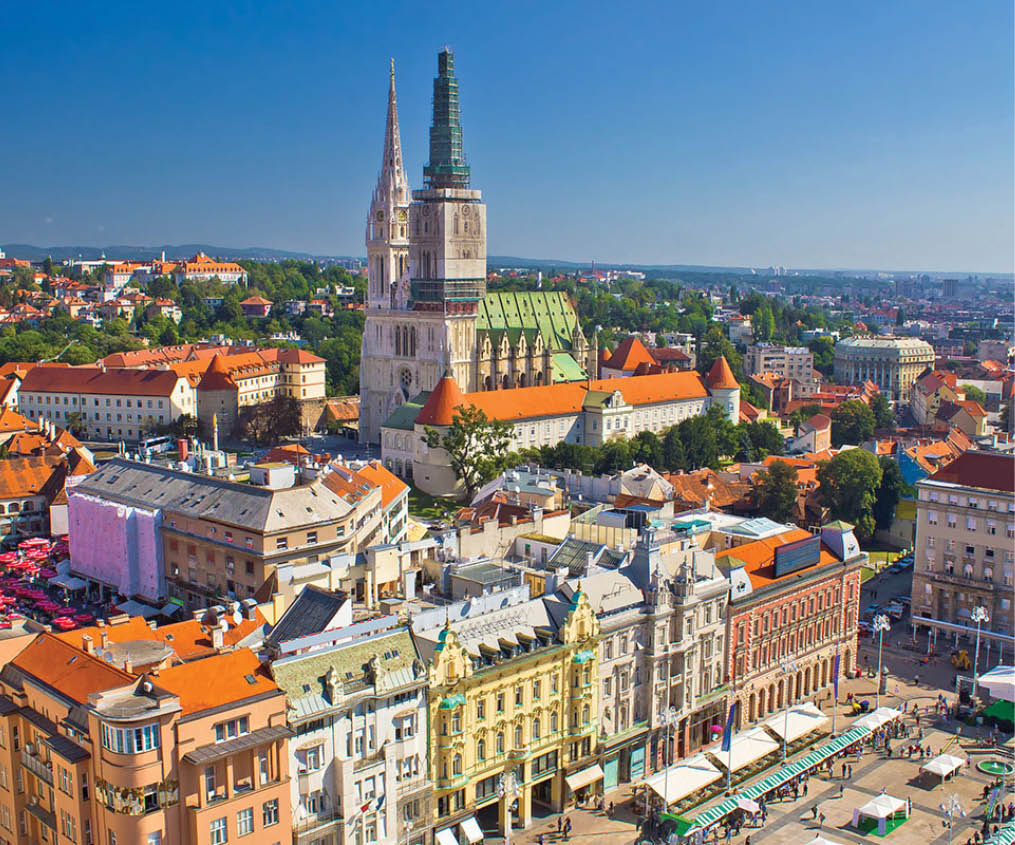 Zagreb main square and cathedral aerial view, Croatia