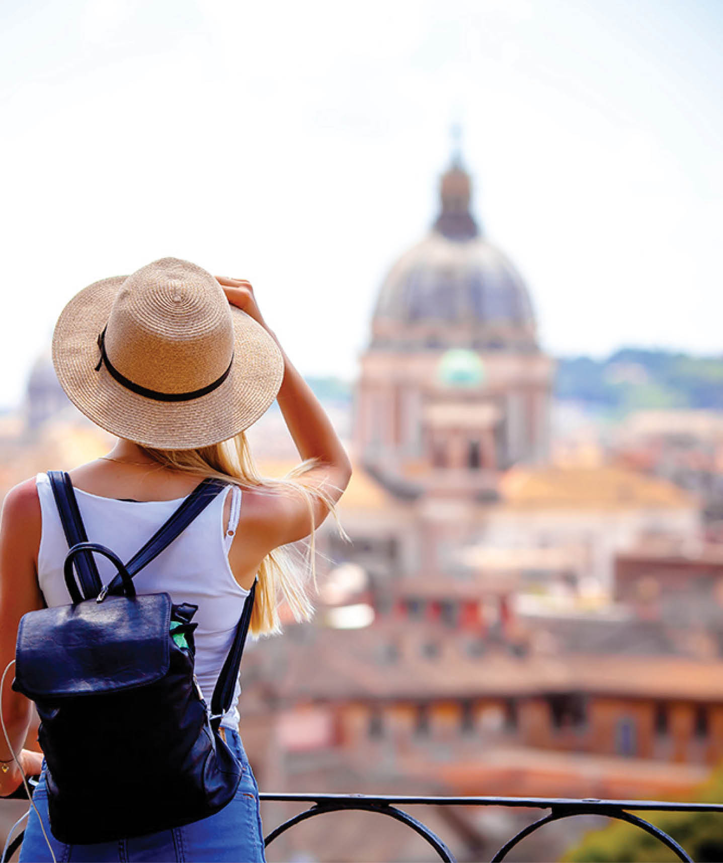 Rome Europe Italia travel summer tourism holiday vacation background -young smiling girl with mobile phone camera and map in hand standing on the hill looking on the cathedral Vatican