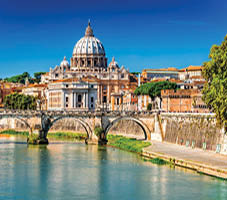 Rome, Italy  Vatican dome of Saint Peter Basilica (Italian: San Pietro) and Sant Angelo Bridge, over Tiber river 