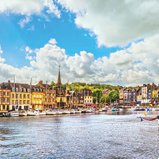 Honfleur famous village harbor skyline, boats and water  Normandy, France, Europe 