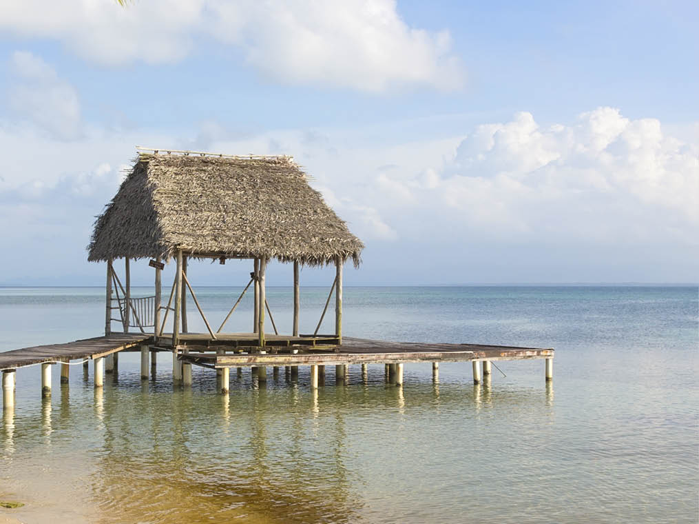 Panoramic view of the pier on Boca del Drago beach, archipelago Bocas del Toro, Panama