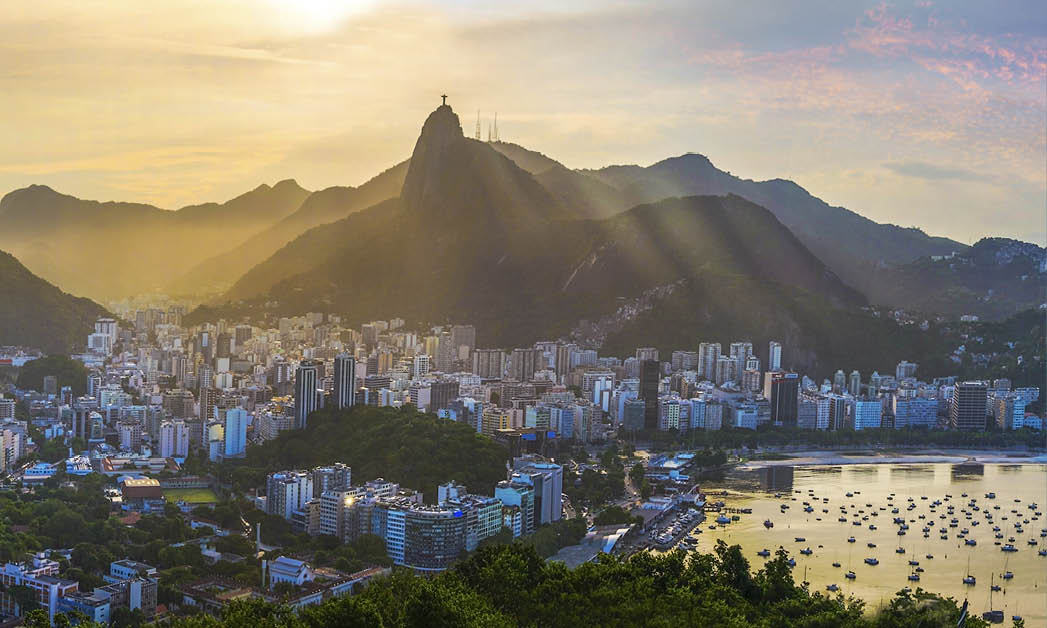 Panoramic view of Rio De Janeiro, Brazil landscape, Corcovado Moutain in Sunset