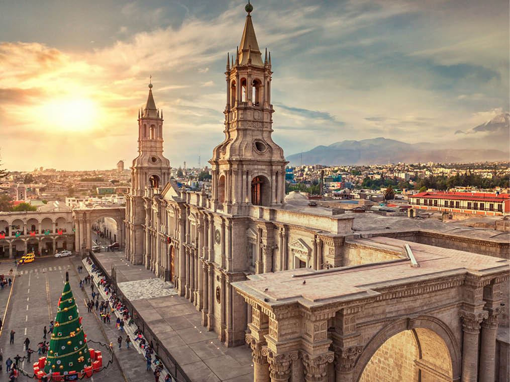 Arequipa Cathedral, view at sunset, Peru