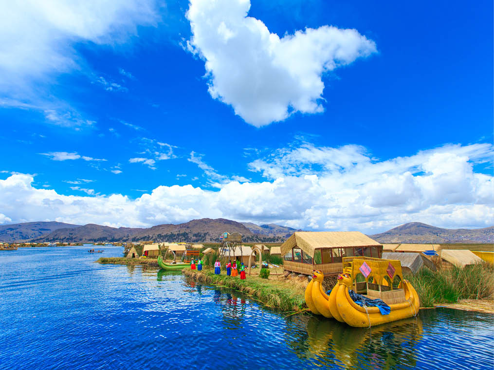 Totora boat on the Titicaca lake near Puno, Peru
