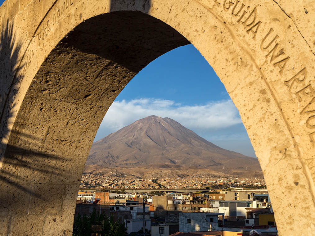 Arequipa, Peru - October 20, 2015: View of the Misti volcano as seen from the Yanahuara viewpoint