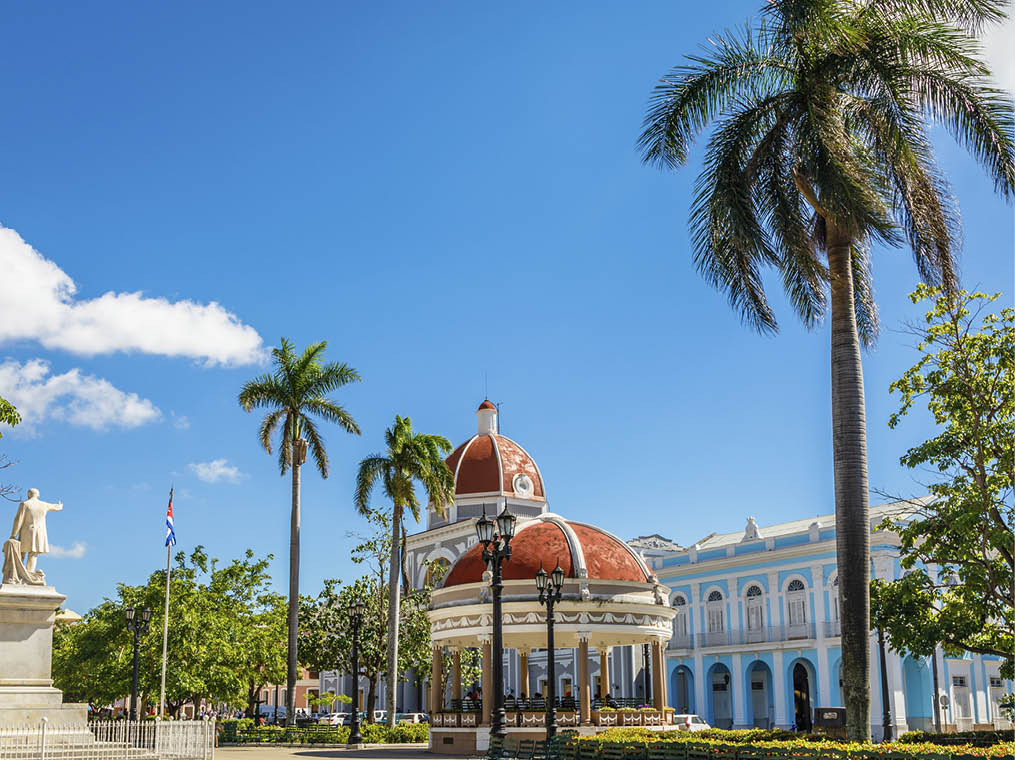 Cienfuegos Jose Marti central park with palms and historical buildings, Cienfuegos Province, Cuba