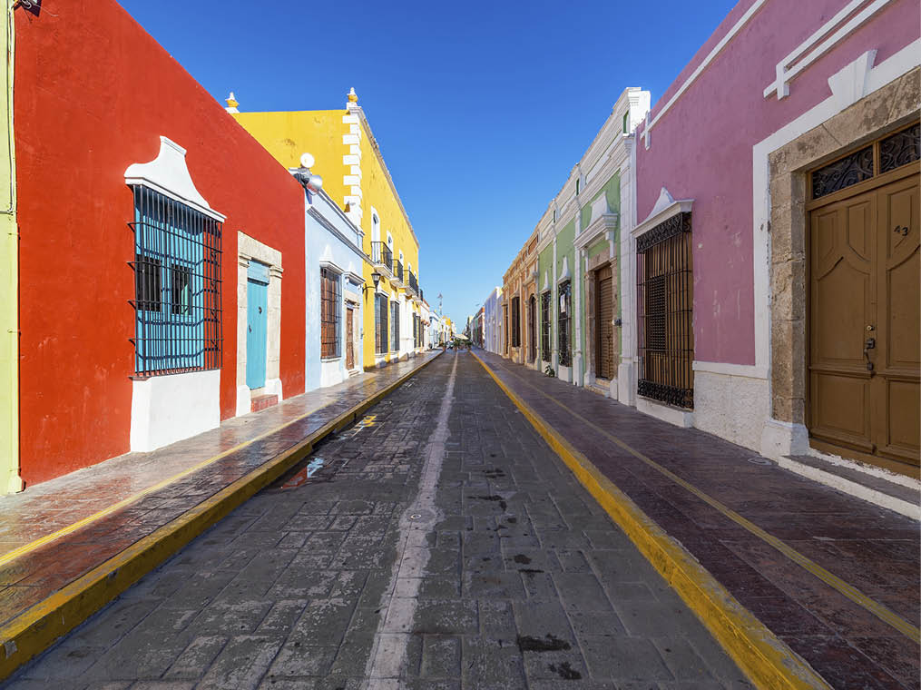 Colorful empty colonial street in the historic center of Campeche, Mexico