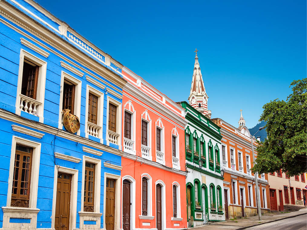 Colorful building in La Candelaria neighborhood in the historic center of Bogota, Colombia