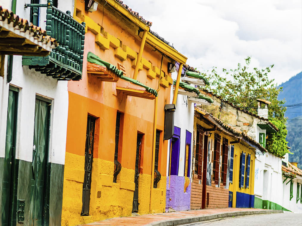 View on colorful Colonial building in the historical center of Bogota - Colombia