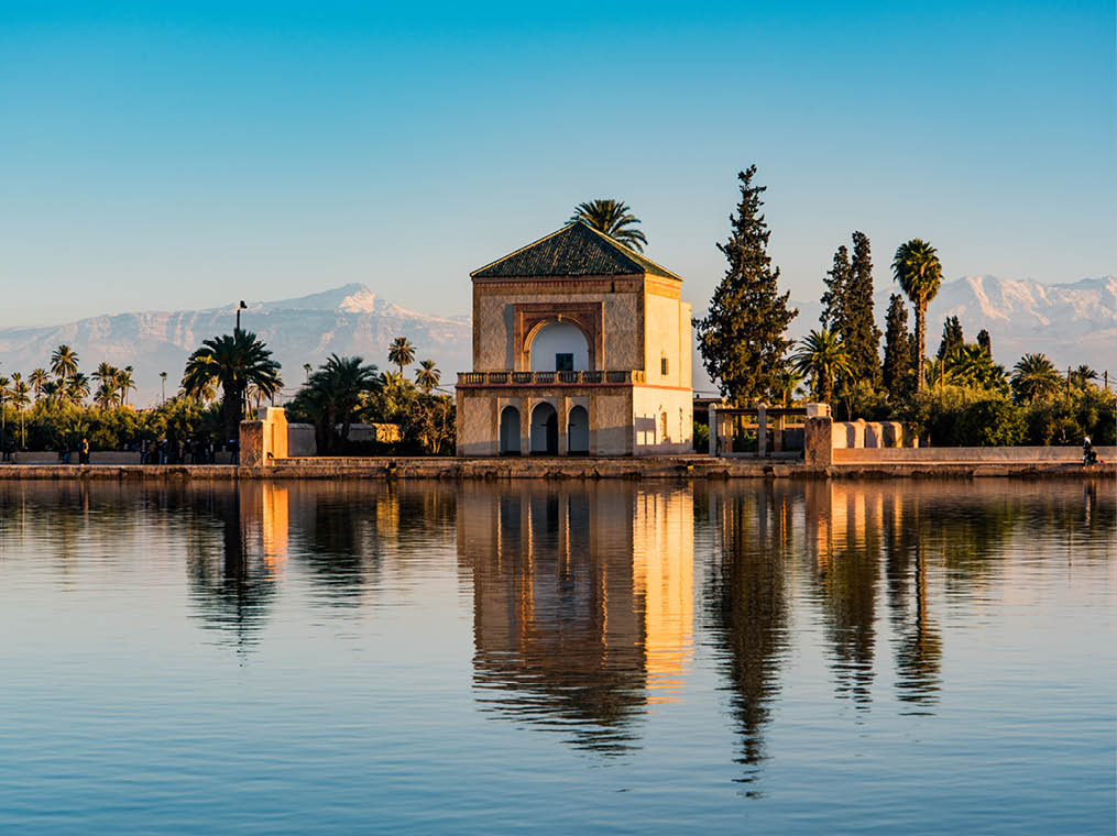 Saadian pavilion,Menara gardens and Atlas in Marrakech, Morocco, Africa 
