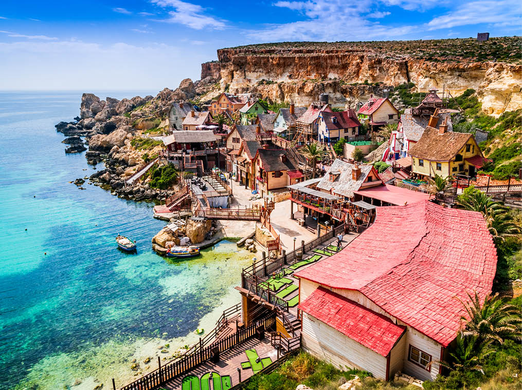 Malta, Il-Mellieha  View of the famous village Mellieha and bay on a sunny day