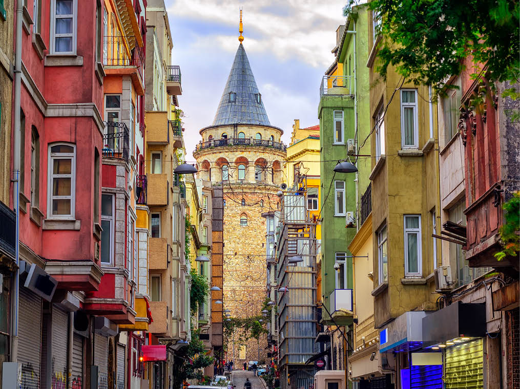 Galata Tower and the street in the Old Town of Istanbul, Turkey