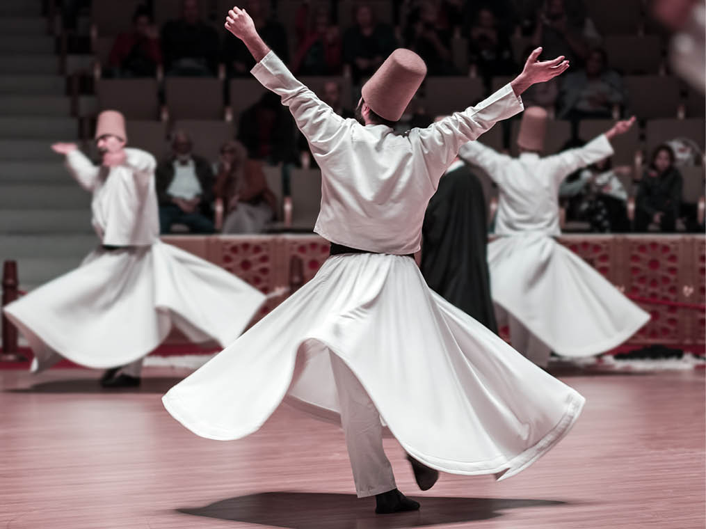 Unidentified whirling Dervishes or Semazen in Konya, Turkey