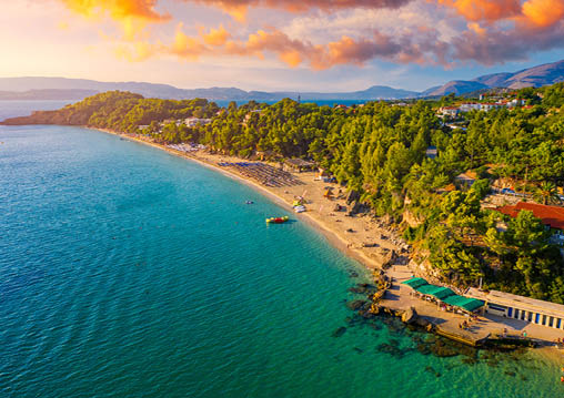 Platis Gialos beach at Argostoli of Kefalonia island in Greece  Spectacular view over beach of Platis Gialos near Lassi, Argostoli  Platis Gialos beach with soft sand and turquoise water in Lassi 