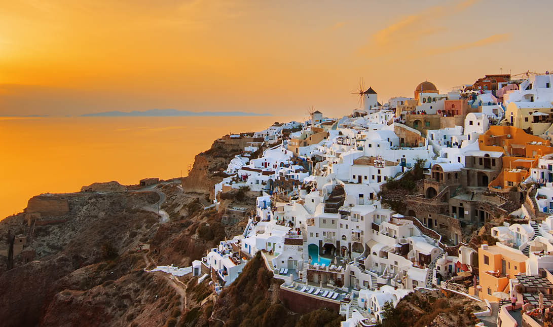 Oia at sunset, panoramic view, Santorini