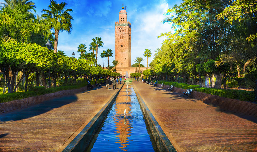 Koutoubia Mosque minaret at medina quarter of Marrakesh, Morocco