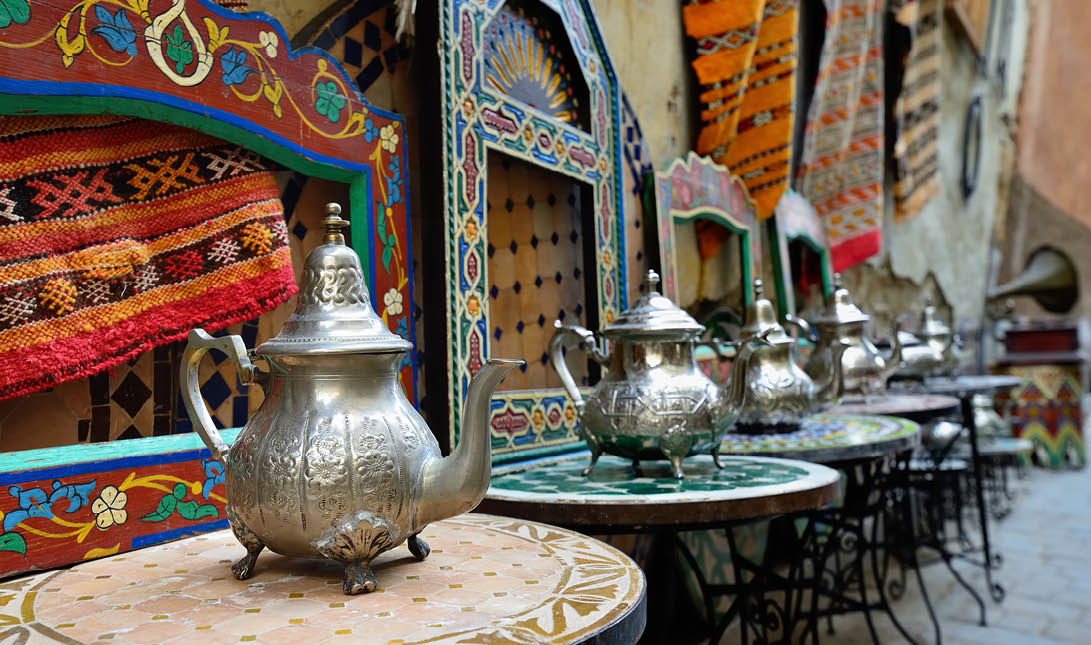 Decorative elements on the souk (market) in the old town, Medina in Morocco  Jug for brewing the tea 