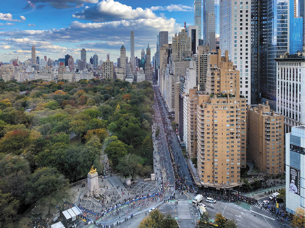 New York City - Nov 3, 2019: Aerial view along Central Park South in New York City during the New York Marathon 