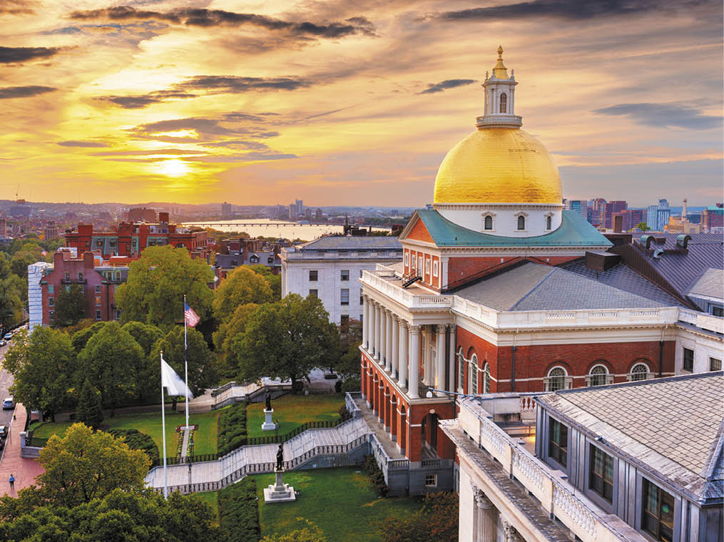 Boston, Massachusetts, USA cityscape with the State House at dusk 