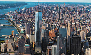 NEW YORK - JULY 02 2016: Aerial view of the Freedom Tower at One World Trade Center, Manhattan, New York
