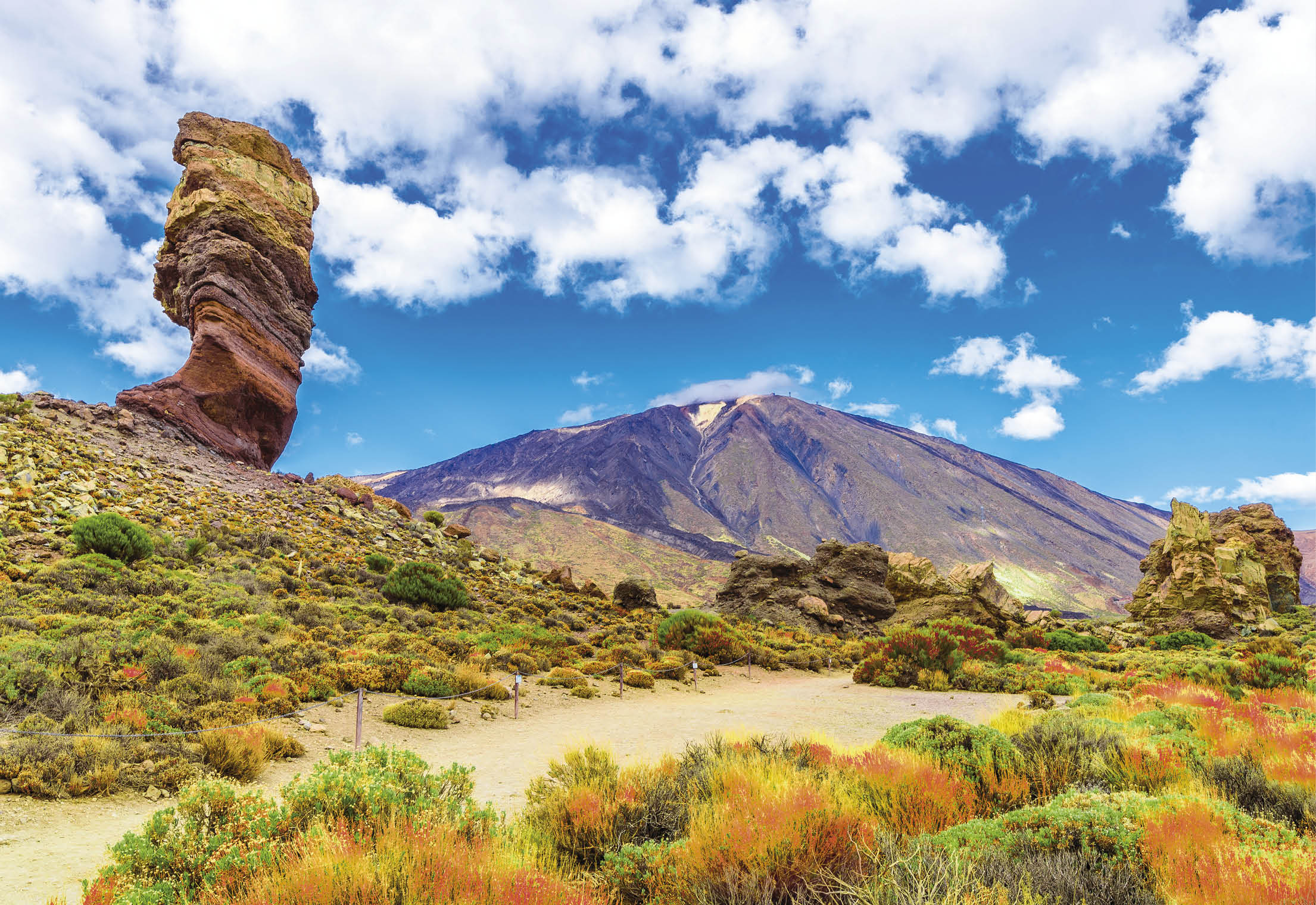 View of Roques de Garcia formation and Teide mountain volcano in Teide National Park, Tenerife, Canary Islands, Spain.