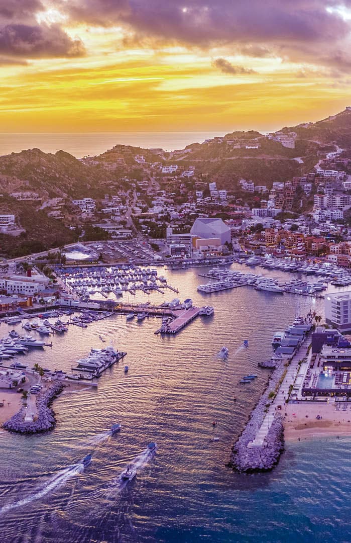 Aerial view of the cityscape of Cabo San Lucas, Mexico marina area at sunset - Los Cabos, Baja California Sur