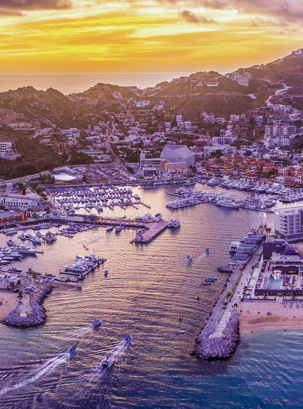 Aerial view of the cityscape of Cabo San Lucas, Mexico marina area at sunset - Los Cabos, Baja California Sur