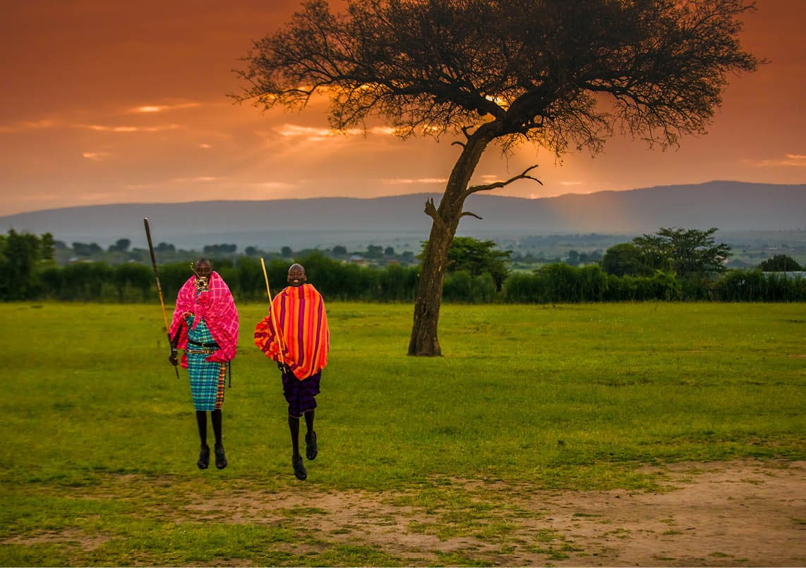 African Masai Warriors at Sunrise with Acacia Tree