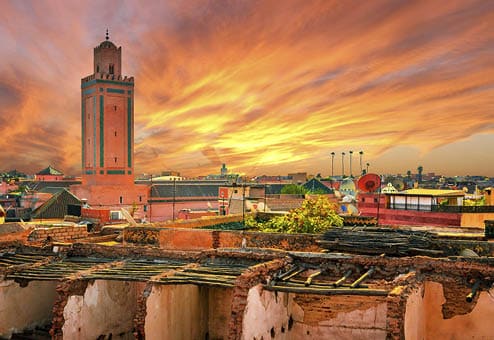 Panoramic sunset view of Marrakech and old medina, Morocco