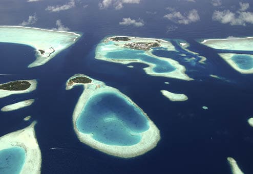 Panoramic view of Maldives islands from sea plane