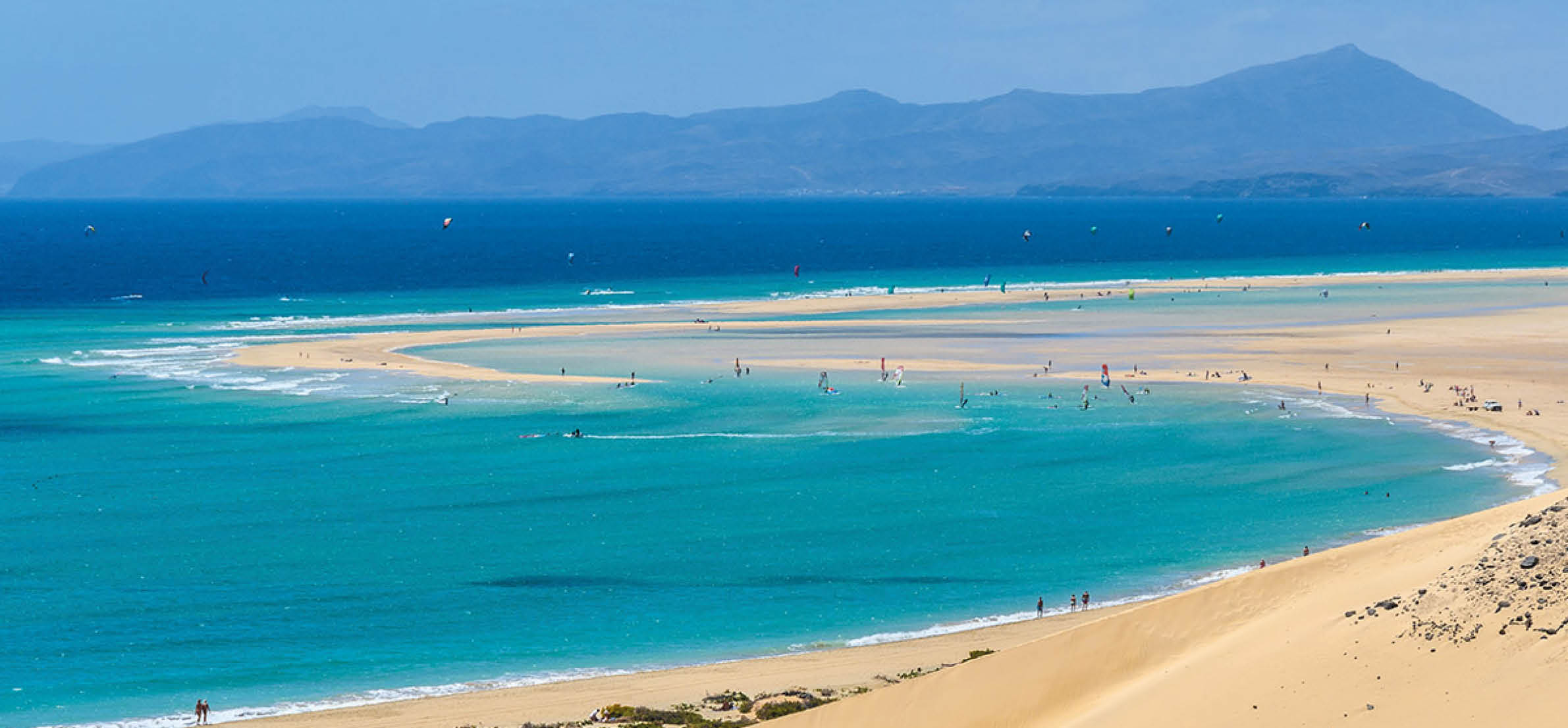 Aerial view of the lagoon on Sotavento Beach in Fuerteventura, Canary Islands, Spain