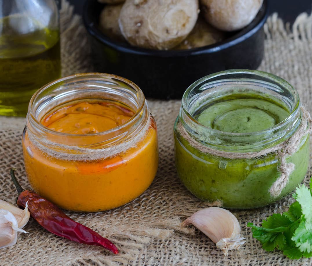 Two most popular Canary Islands popular sauses Mojo picon (Red hot sause) and Mojo verde (Green sause) are usually eaten with Papas Arrugadas (wrinkly potatoes).