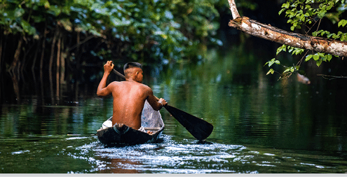 Native tribal man swimming in amazonia rainforest in handmade boat