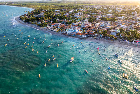 Aerial view of Porto de Galinhas beaches, Pernambuco, Brazil. Natural pools. Fantastic vacation travel. Great beach scene.