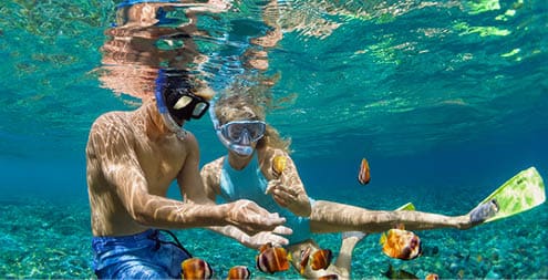 Happy family vacation. Young couple in snorkeling mask hold hand, dive underwater with fishes in coral reef sea pool. Travel lifestyle, watersport adventure, swim activity on summer beach holiday