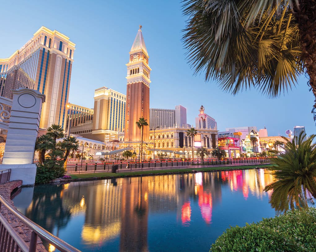 Las Vegas, Nevada, USA cityscape along the strip at twilight.