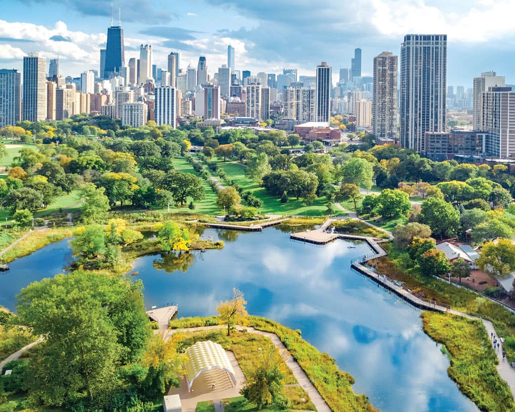 Chicago skyline aerial drone view from above, lake Michigan and city of Chicago downtown skyscrapers cityscape bird's view from park, Illinois, USA