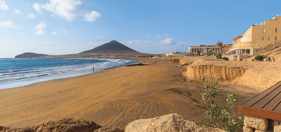 A view of beautiful sandy El Medano beach in early morning sunlight, Tenerife, Canary Islands, Spain