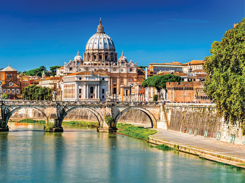 Rome, Italy  Vatican dome of Saint Peter Basilica (Italian: San Pietro) and Sant Angelo Bridge, over Tiber river 