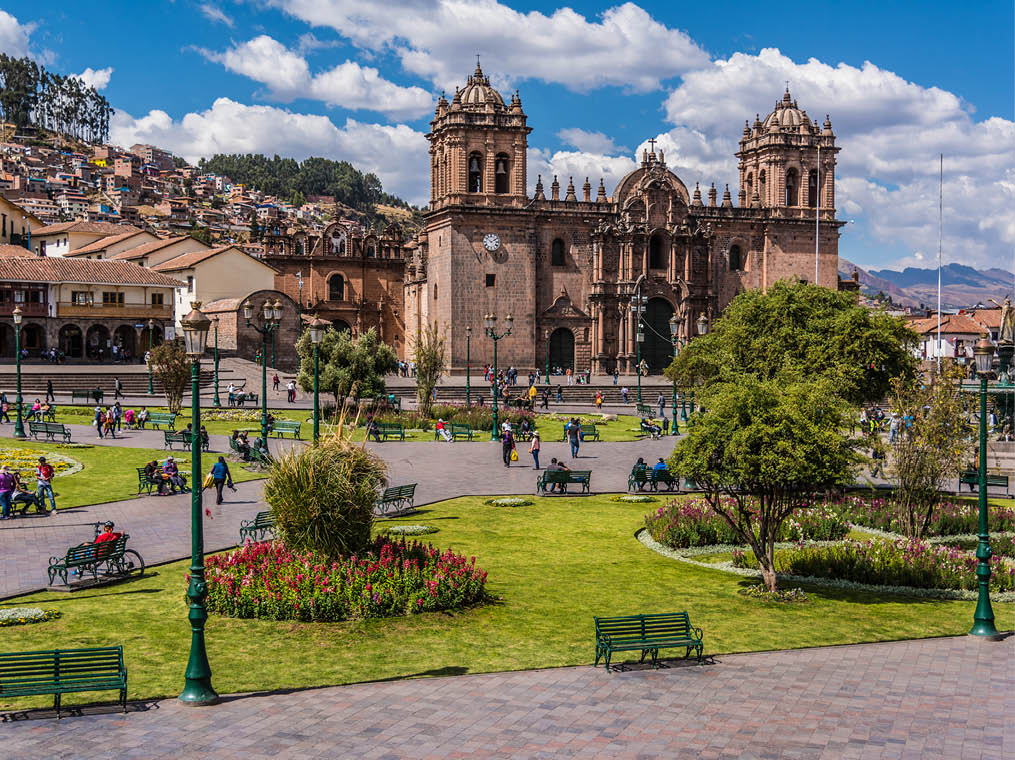 Cuzco, Peru: Panoramic view of the  Main square an the cathedral church 