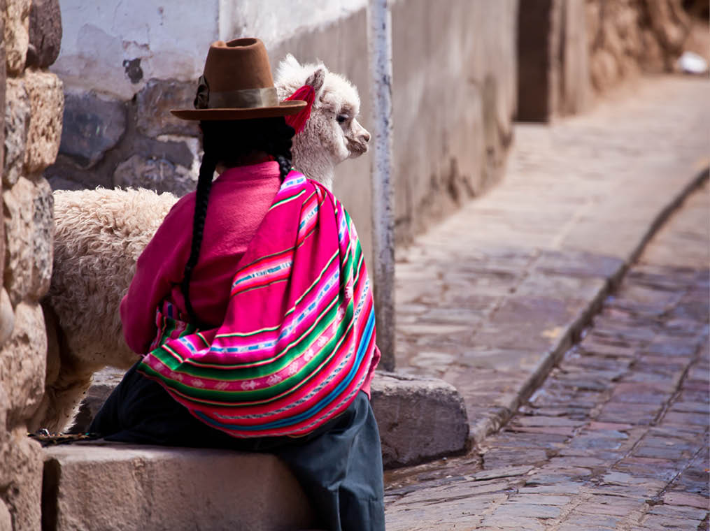 Woman in traditional clothes with lama sitting on stone in Cuzco - Peru