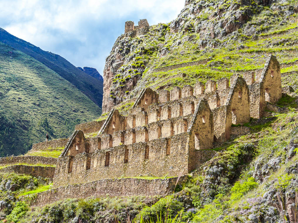 Pinkuylluna, ruins of ancient Inca storehouses located on mountains, Sacred Valley, Ollantaytambo, Cusco, Peru