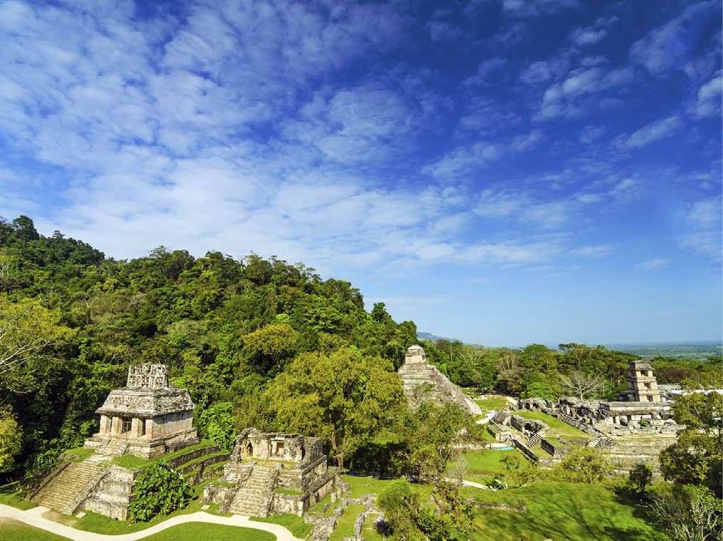 A wide view of Palenque featuring the main palace and several temples against a beautiful blue sky